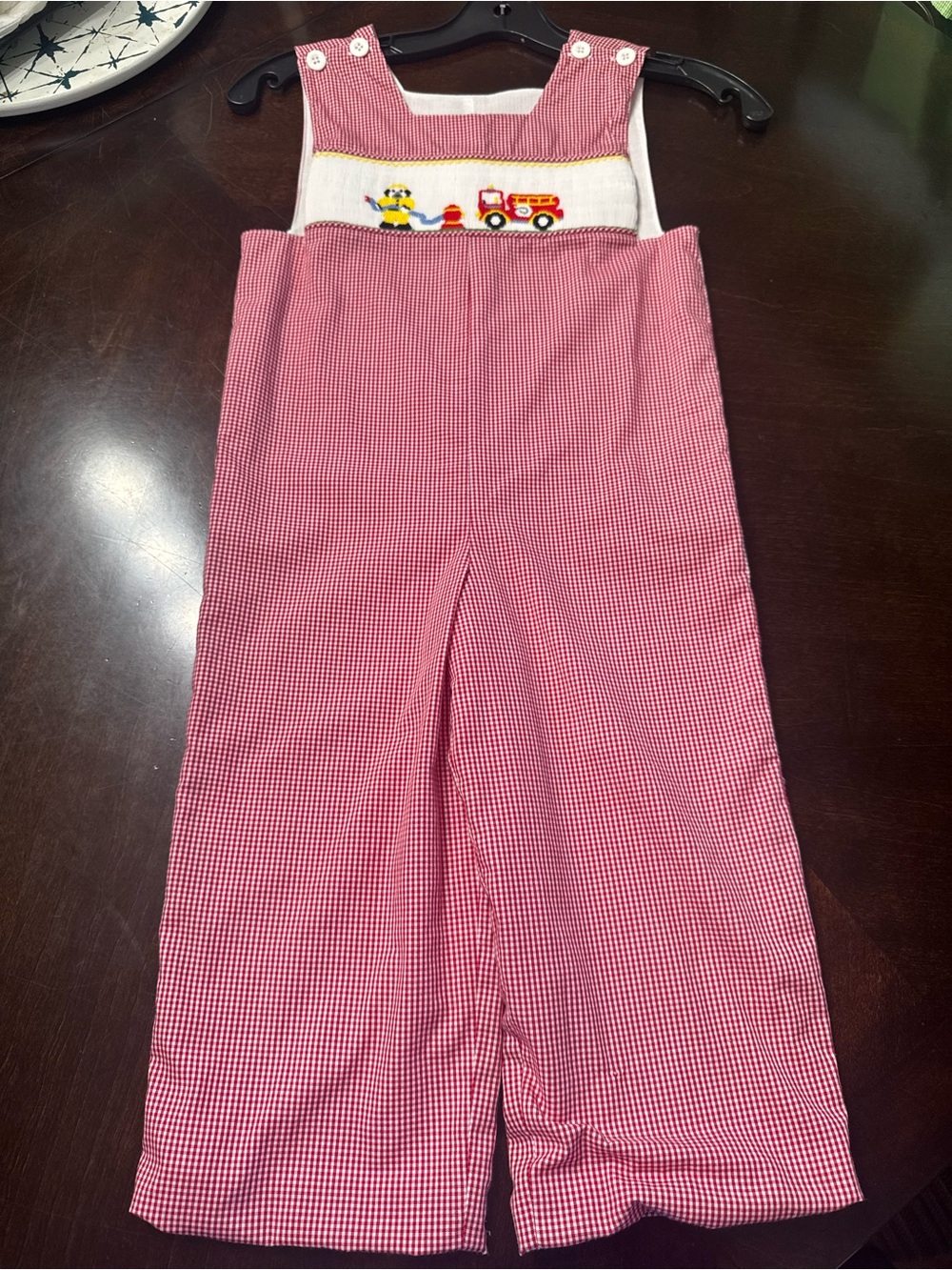 Red Gingham Smocked Kids Overalls with Firetruck Embroidery